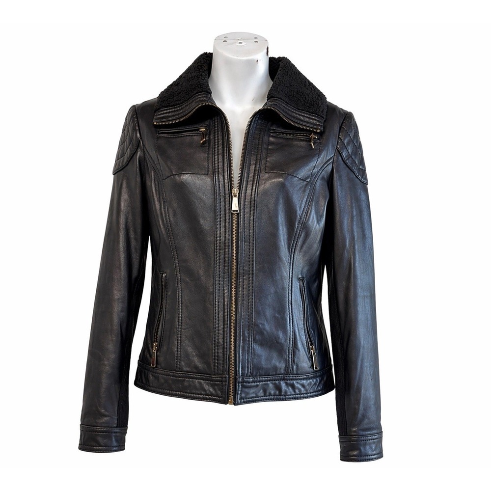 Wilson Black Leather Jacket Fleece Collar Women's Size Small